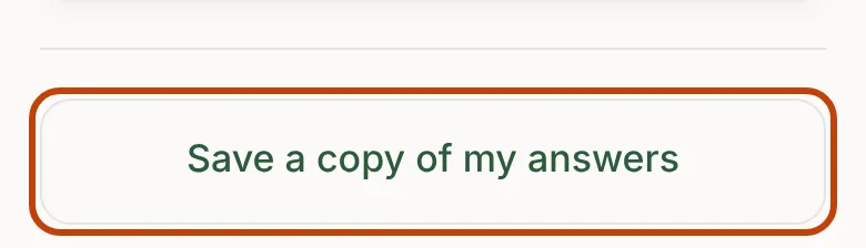 The Your data screen, with the Save a copy of my answers button outlined.